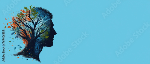 Artistic Mind Growth Banner, Silhouette of a Man's Profile with a Tree of Life Concept, Perfect for Educational and Inspirational Web Graphics with Plentiful Copy Space