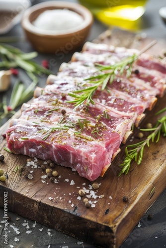 Raw pork ribs with rosemary on wooden board