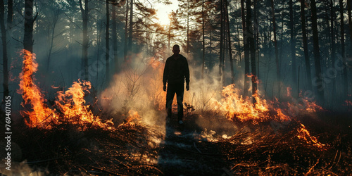 Forest burnt by fire with charred burnt trees and silhouette of man in woods. Climate change and environment natural disaster caused by people. Fire flames arson damaged ecology wildfire danger. © Valeriia