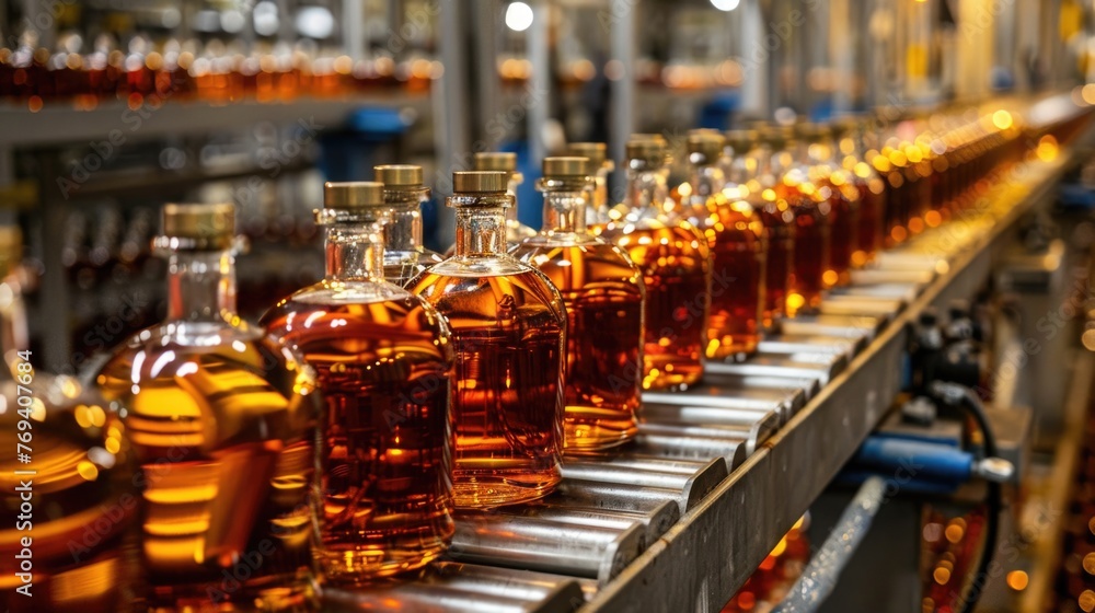 Whiskey bottles on assembly line. Close-up industrial photography with copy space Whiskey bottles on assembly line. Close-up industrial photography with copy space