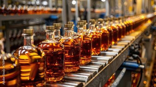 Whiskey bottles on assembly line. Close-up industrial photography with copy space photo