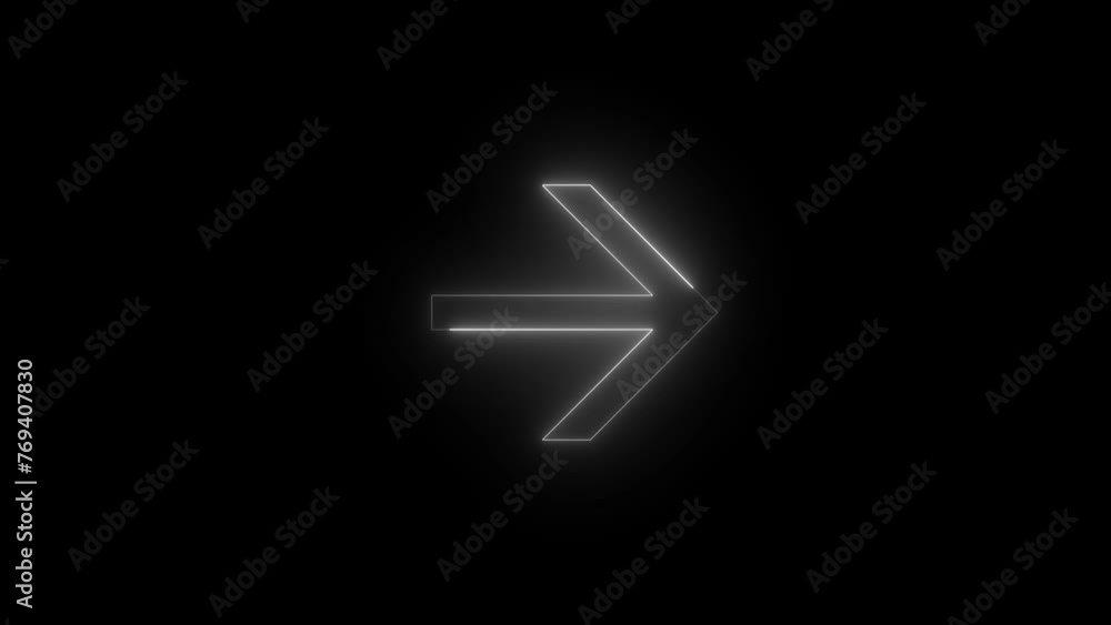 Neon glowing white color right arrow direction icon animation black background Neon glowing white color right arrow direction icon animation black background