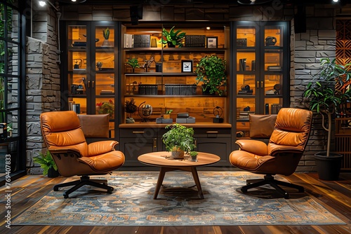 Studio interior for podcast and interview with two chairs
