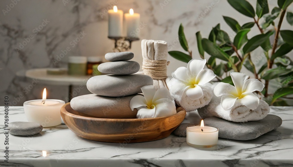 Tranquil Harmony: Spa Stones Resting on a White Marble Table in Captivating Composition Tranquil Harmony: Spa Stones Resting on a White Marble Table in Captivating Composition