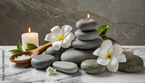 Tranquil Harmony  Spa Stones Resting on a White Marble Table in Captivating Composition