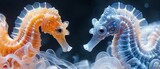 Seahorses drift into the deep blue, their delicate forms contrasting against the dark Shot with macro underwater photography for a detailed, dynamic composition ,white background