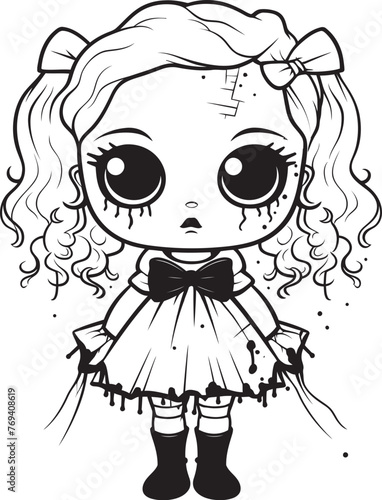 Macabre Doll of Nightmares Spooky Zombie Emblem in Black Sinister Toy of Horror Creepy Zombie Doll with Vector Icon