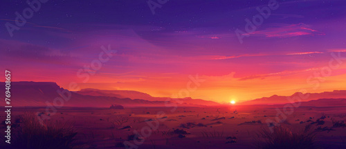 A desert landscape at dusk, with the sky ablaze in a splendid gradient of oranges and purples, captured in high-definition to showcase its mesmerizing vibrancy.