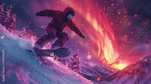 Skateboarder ollies over minimalistic volcano, wide angle, aurora backdrop, dusk light , 3D style photo