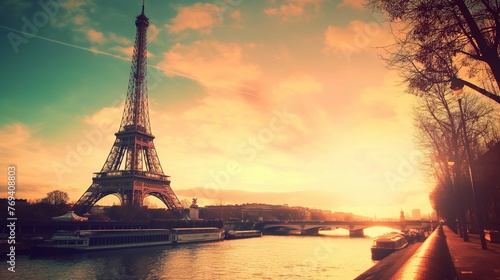 A River With A Bridge And Eiffel Tower In The Background. © PhornpimonNutiprapun