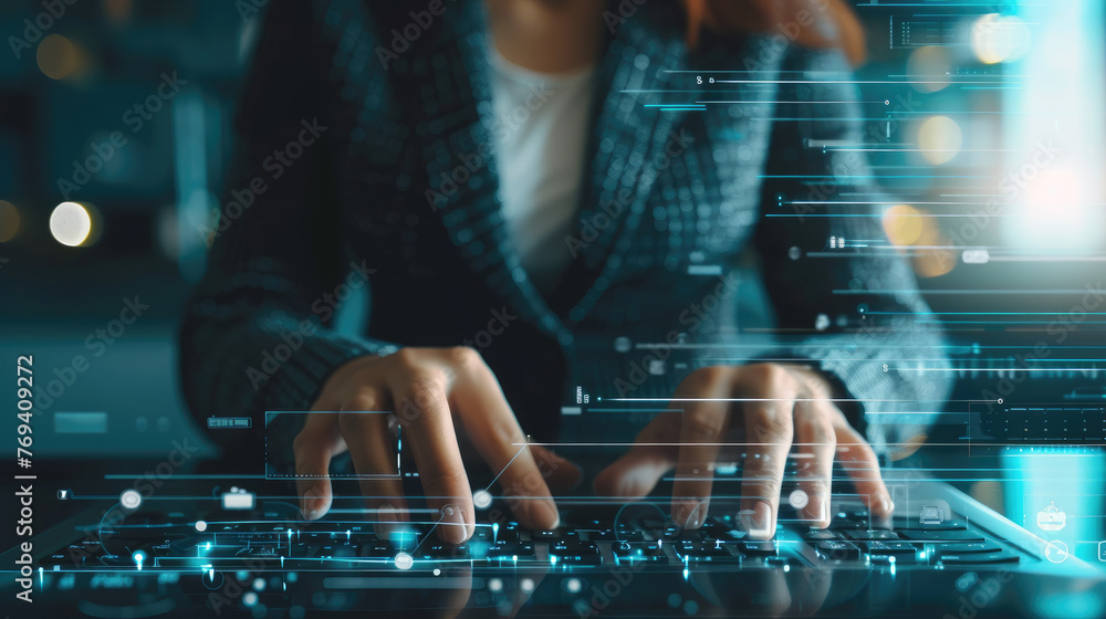 Person working on a holographic touchscreen computer - This dynamic ...