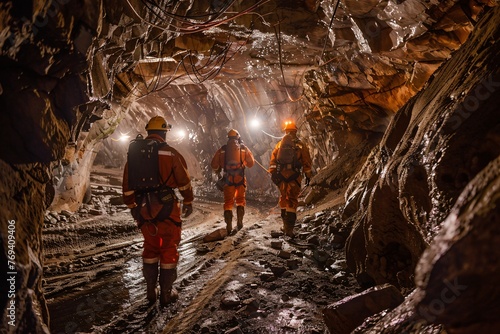 cave exploration survey by three workers inside a large cave for mining industry