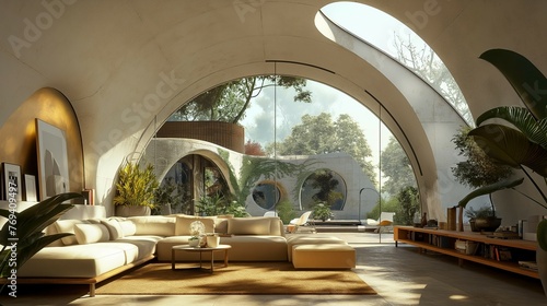 Airy Modern Living Room With Arch Window.