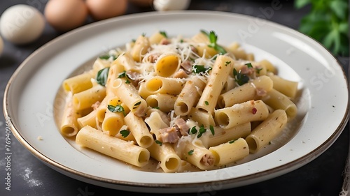 A dish of delicious rigatoni alla carbonara, a traditional pasta recipe with egg, guanciale, pecorino, and pepe nero from Roman cuisine
