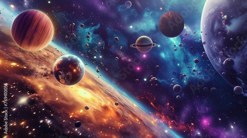 A Colorful Space Scene Filled With Stars And Planets.