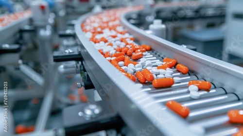 Pharmaceutical production line with orange and white capsules.