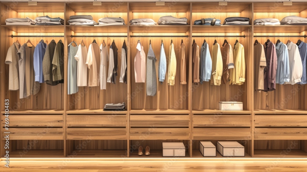 Organized wooden wardrobe with variety of clothing and accessories.