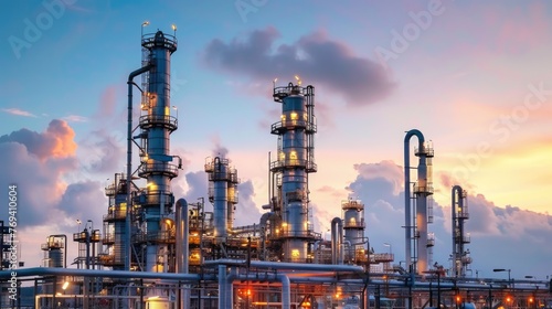 Oil refinery industry with pipelines and distillation towers at sunset.