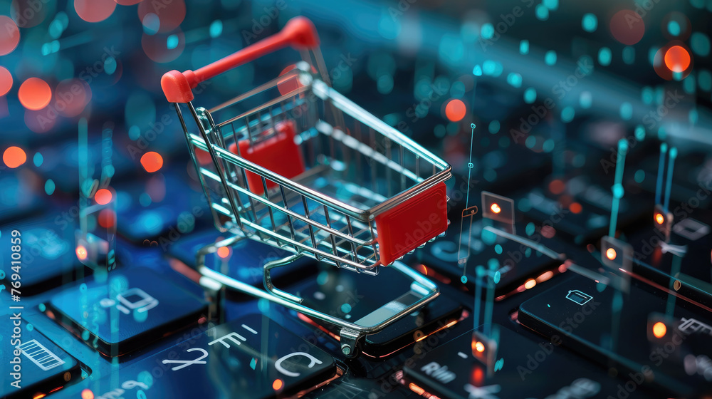 Shopping cart on a digital network background - Digital commerce concept with a shopping cart icon on a network of smartphones - obrazy, fototapety, plakaty 