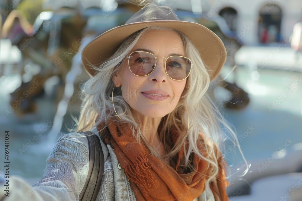 Mature stylish woman with coffee taking a selfie in a sunny city