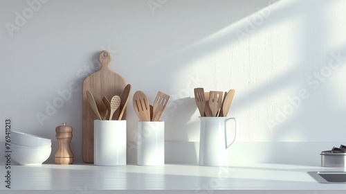 Wooden Kitchen Utensils And Cutting Board On Counter. photo
