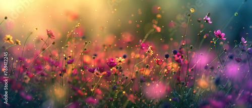 A field of wildflowers swaying in the breeze, forming a splendid gradient of colors from one end to the other, captured in high-definition to showcase its mesmerizing vibrancy. photo