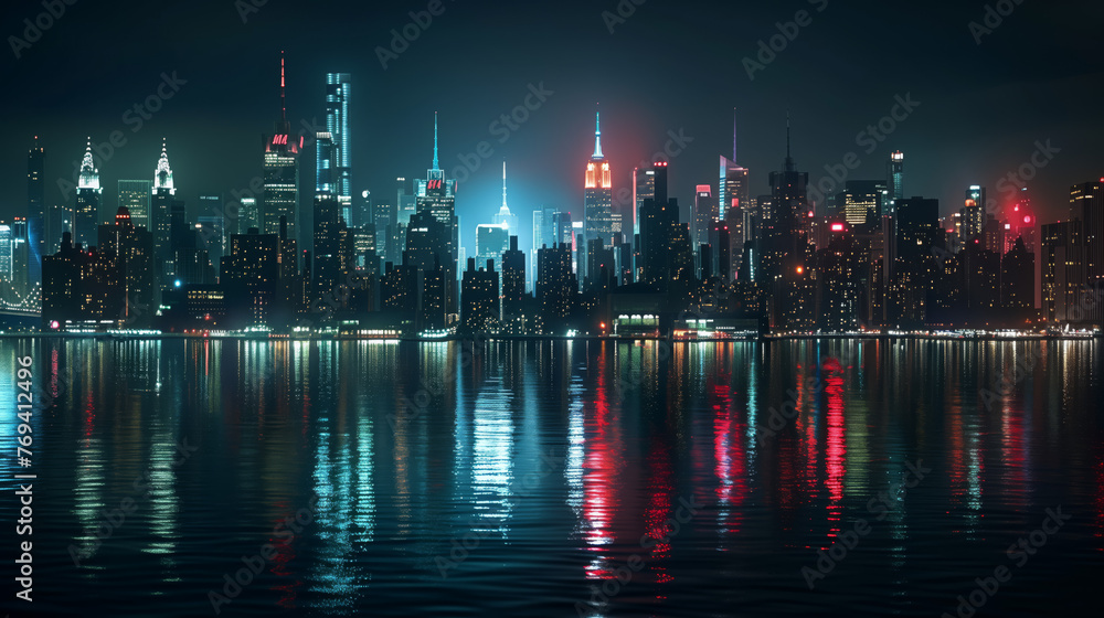 New York City Skyline at Night. Panoramic view of New York City's dazzling skyline reflecting in the water at night.