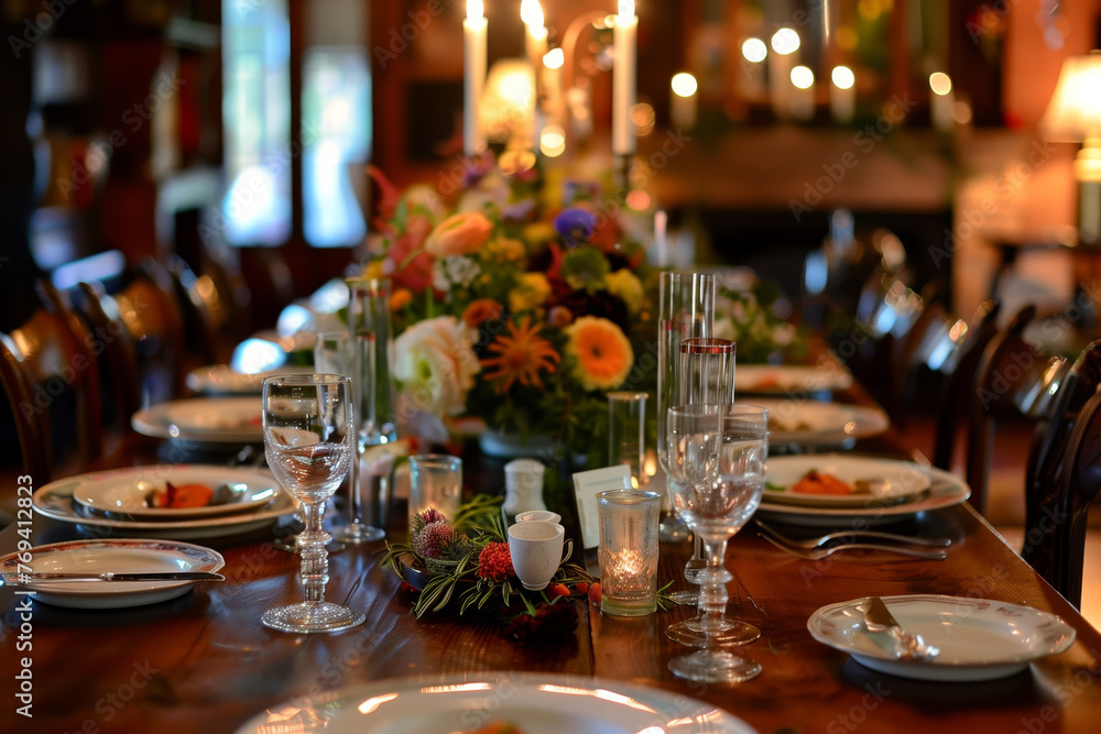 Elegant Dinner Party Table Setting. A beautifully arranged dining table set for an evening of elegance and festivity.