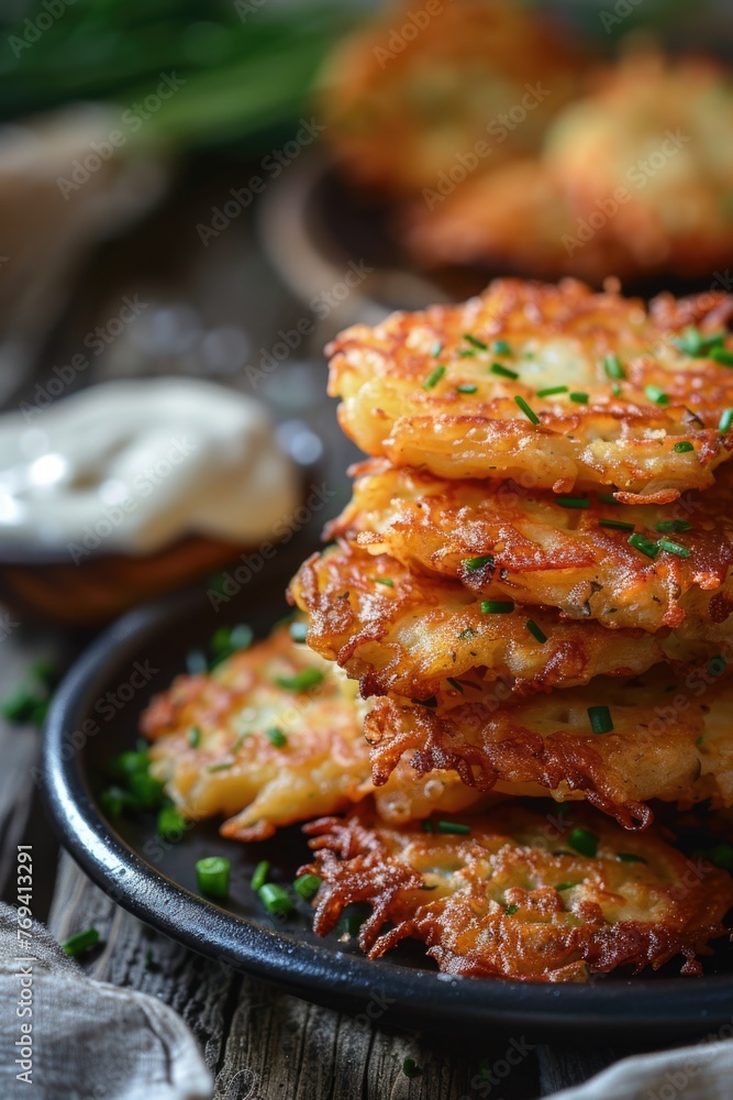 Stack of potato pancakes garnished with chives on a vintage plate, Stack of potato pancakes garnished with chives on a vintage plate,