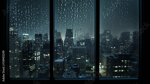 Window with drops of night rain in a city night