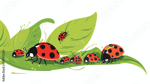 Ladybugs on the leaf family concept.. Flat vector isolated
