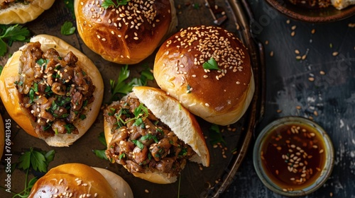 Close-up of homemade burgers with sesame buns and fresh vegetables