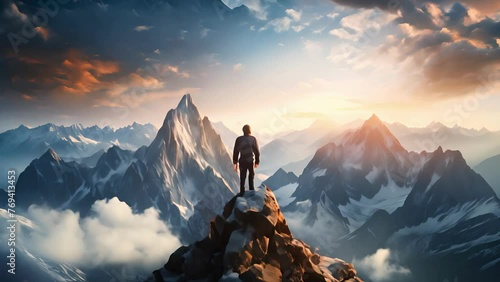 A man stands on top of a mountain photo
