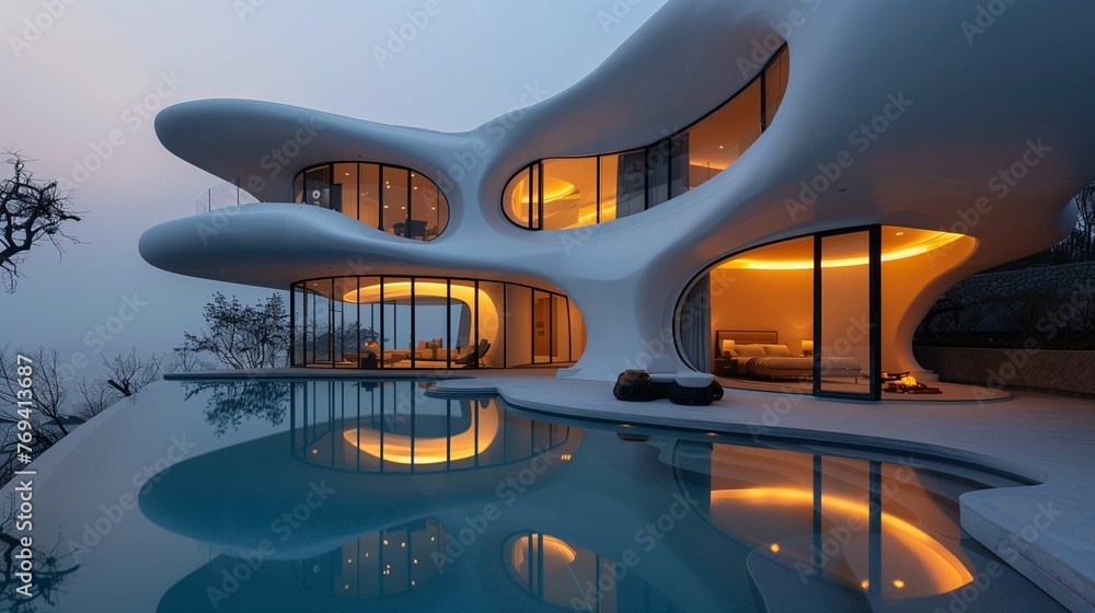 Modern Futuristic House with Pool at Dusk Modern Futuristic House with Pool at Dusk