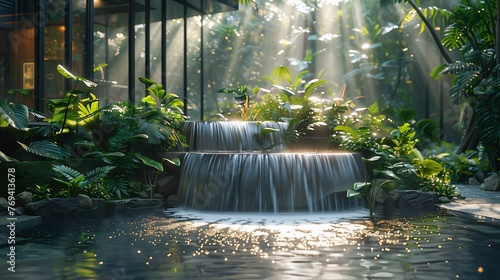 Serene Indoor Garden with Cascading Waterfall and Sunlight