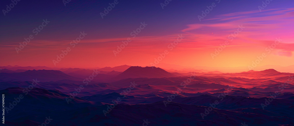 A desert landscape at dusk, with the sky ablaze in a splendid gradient of oranges and purples, captured in high-definition to showcase its mesmerizing vibrancy. - obrazy, fototapety, plakaty 