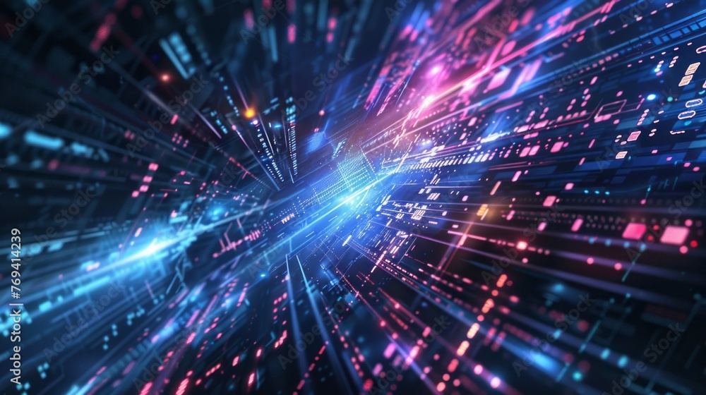 Obraz premium Futuristic tech abstract: vibrant digital world in motion, dynamic colors, cutting-edge design - ideal for tech industry, websites, and presentations