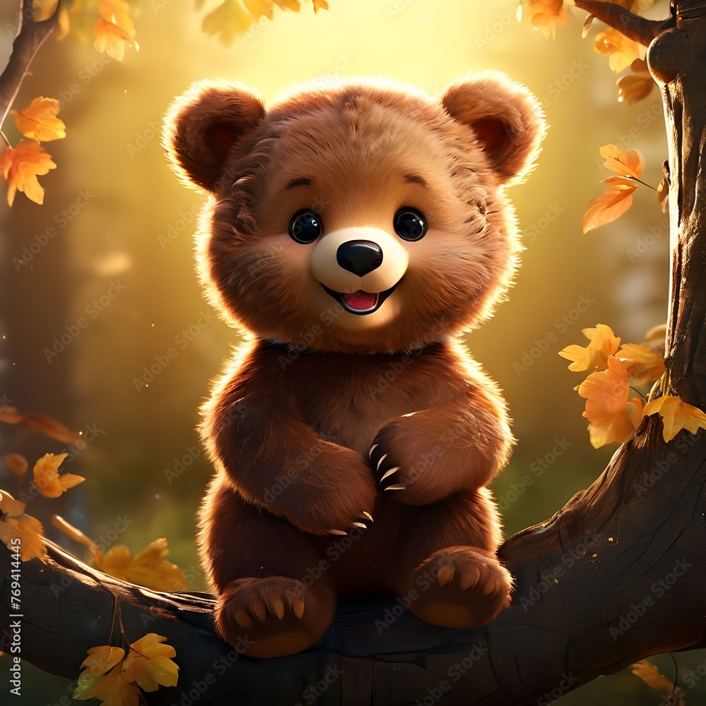 A cute baby bear character playing on a tree. Generative AI A cute baby bear character playing on a tree. Generative AI