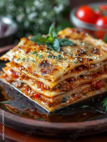 A plate of lasagna with a side of vegetables