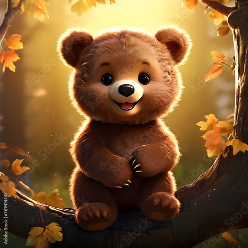 A cute baby bear character playing on a tree. Generative AI © 희찬 나