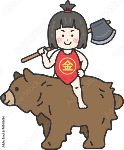 熊に乗って、まさかりかついだ、金太郎（線画カラー）のイラスト
