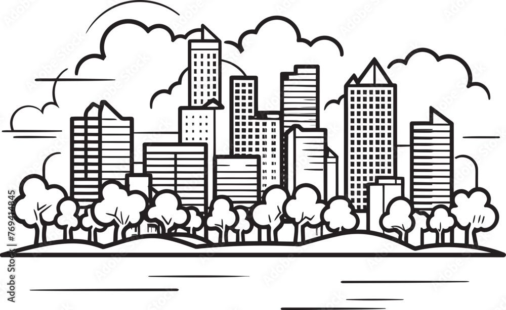 Obraz premium Cityscape Silhouette Black Vector Logo Icon Urban Skyline Outline Black Logo Design