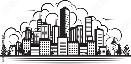 Downtown Skyline Outline Sleek Black Emblem Urban Horizon Sketch Outline Style with Black Logo Design Icon