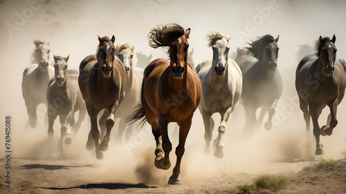 Herd of Majestic Horses Galloping Fiercely in the Dust, Power and Freedom in Wild Equine Movement, Untamed Nature in Motion © AspctStyle