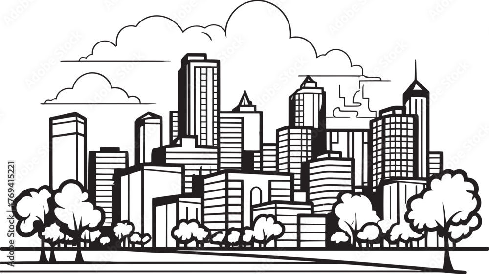Downtown Skyline Outline Black Logo Design Emblem Urban Horizon Sketch Urban Landscape in Black Vector