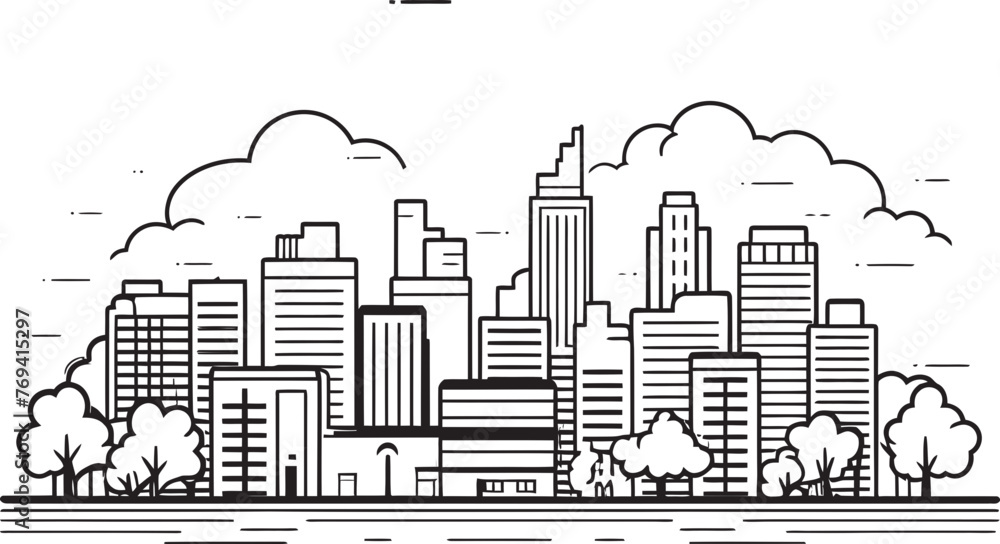 Obraz premium City Skyline Sketch Black Outline Logo Metropolis Outline View Black Vector Emblem