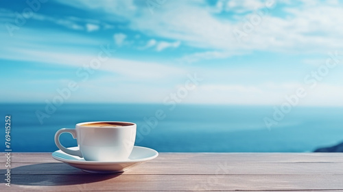 Cup of coffee on a table over blue sky and sea. summer