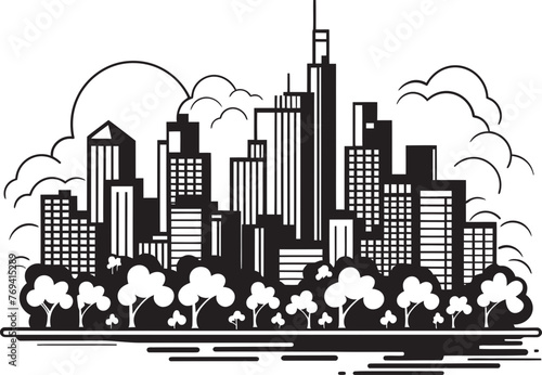 Downtown Skyline Outline Outline Style with Black Logo Design Icon Eerie Canine Undead Black Vector Logo Design