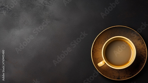 Cup of coffee on gold black background. Minimalistic gold