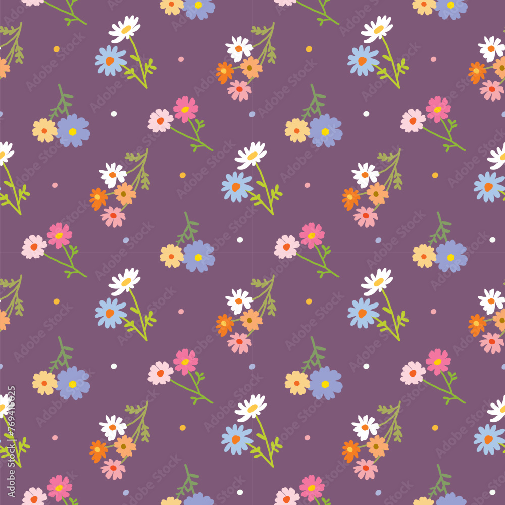 Seamless Pattern of Flower Design on Deep Purple Background - obrazy, fototapety, plakaty 